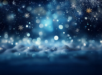 Poster - A magical winter night scene.  Sparkling bokeh lights and snowflakes softly fall over a snow-covered landscape.  Cool blue tones create a serene, festive atmosphere.