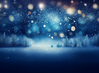 Poster - Magical winter night scene.  Snowy landscape with sparkling lights and blurry bokeh effect.  Forest of snow-covered trees under a dark blue sky.