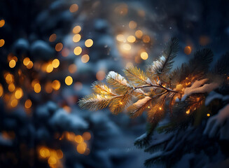 Poster - A snow-dusted pine branch, adorned with warm fairy lights, glows softly against a bokeh backdrop of golden lights and a dark, wintry scene.