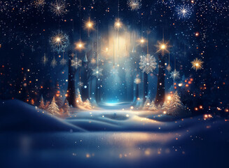 Poster - Enchanted winter forest path, glowing with magical lights and snowflakes.  A serene, snowy scene perfect for a winter wonderland.