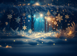 Poster - Enchanted winter forest scene.  Snow falls softly on glowing trees, creating a magical, ethereal atmosphere.  Sparkling lights illuminate the snowy landscape.