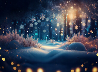 Poster - Magical winter scene: snow-covered forest path glows with warm light, snowflakes falling, creating a serene, enchanting atmosphere.