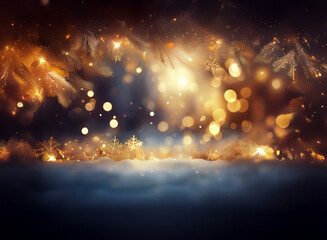 Poster - A magical winter scene with golden bokeh lights, sparkling snowflakes, and a snowy ground, creating a festive and enchanting atmosphere.