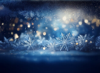 Aufkleber - A mesmerizing winter scene:  intricate snowflakes rest on a frosty ground, illuminated by warm, golden bokeh lights against a deep blue backdrop.  The scene evokes a magical, serene atmosphere.