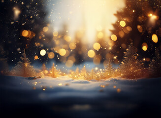 Poster - Magical winter scene. Golden lights shimmer amidst snow-covered trees, creating a warm, enchanting atmosphere.  Sparkling dust motes dance in the air.