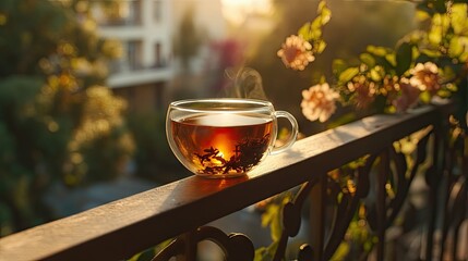 Canvas Print - Glass teacup filled with black tea on a balcony railing, with sunlight highlighting the amber tones.