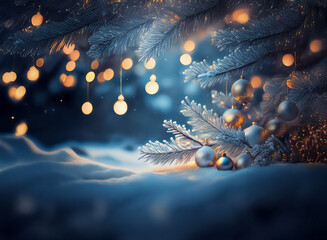Poster - Silver and gold ornaments rest on a snowy ground beneath a glistening, frost-covered tree branch illuminated by warm string lights.  A magical winter scene.