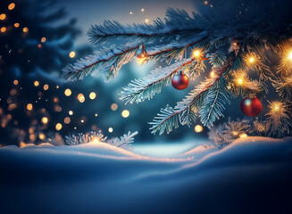 Aufkleber - A winter wonderland scene: frosted pine boughs adorned with warm lights and red ornaments rest on a snowdrift, bathed in soft, blue-toned light.