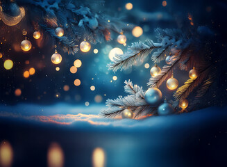 Poster - A snow-covered evergreen branch adorned with shimmering ornaments and warm lights rests on a bed of fresh snow.  The scene is bathed in a magical, cool blue light, creating a winter wonderland feel.