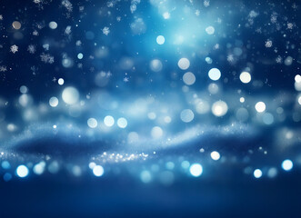 Aufkleber - A mesmerizing winter scene.  Sparkling snowflakes and bokeh lights dance on a deep blue backdrop, creating a magical, festive atmosphere.  The image evokes feelings of wonder and serenity.