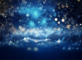 Aufkleber - A mesmerizing winter scene.  Sparkling bokeh lights and falling snow create a magical, dreamy atmosphere on a dark blue background. The soft glow evokes a sense of wonder and peace.
