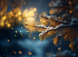 Poster - Snow-dusted pine branches glow in the soft light of a winter evening.  Golden bokeh sparkles in the blurred background, creating a magical atmosphere.