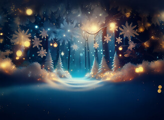 Poster - Enchanted winter forest path glowing with magical lights and snowflakes. A dreamy, serene scene perfect for a holiday card.