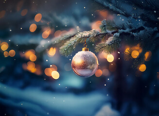 Poster - A frosted, rose-gold Christmas ornament hangs from a snow-covered pine branch, illuminated by warm bokeh lights and falling snow.  Winter magic.