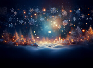 Poster - Magical winter scene: snow-covered hills, illuminated pine trees, and sparkling snowflakes against a dark, starry night.  Warm light glows from within the trees creating a serene, festive atmosphere.
