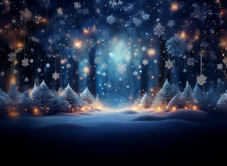 Poster - Enchanted winter forest scene.  Falling snow, glowing lights adorn snow-covered trees. Magical, serene atmosphere.
