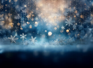 Poster - Magical winter scene with falling snowflakes, shimmering stars, and soft bokeh lights.  A frosty ground creates a dreamy, festive atmosphere.