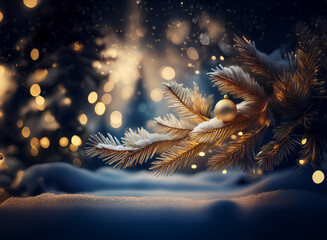 Poster - A snow-dusted evergreen branch with a gold ornament rests in a winter wonderland scene, illuminated by warm, festive lights.  The bokeh effect creates a magical atmosphere.