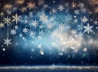 Poster - Elegant winter scene with many shimmering snowflakes hanging against a bokeh background.  A dark blue to light blue gradient creates depth.