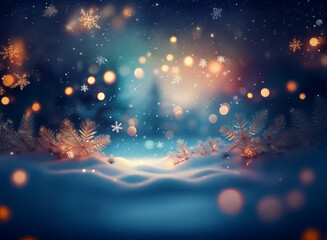 Poster - Magical winter scene.  Glowing lights and falling snowflakes illuminate a snowy landscape with frosted pine branches.  A serene and festive atmosphere.
