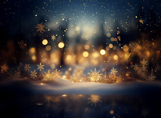 Poster - A magical winter scene:  Snowflakes glisten on a snowy ground, illuminated by warm, golden lights.  A dark forest backdrop adds depth and mystery.  The scene is reflected in a still body of water.