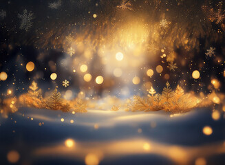 Poster - Magical winter scene. Golden lights illuminate snow-covered trees and falling snowflakes in a dark, dreamy landscape.  Warm, inviting atmosphere.