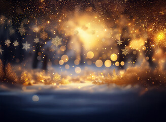 Poster - Magical winter scene.  Golden light sparkles through a snowy forest, adorned with snowflakes.  A whimsical, festive atmosphere.