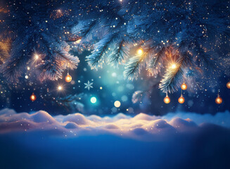 Poster - Magical winter scene.  Frost-covered pine branches adorned with warm lights sparkle against a dark blue night sky dusted with snow.  A layer of pristine snow covers the ground.