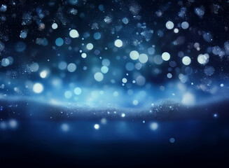 Aufkleber - A mesmerizing abstract image of  blue bokeh lights, resembling falling snow on a dark, wintery night.  The image evokes a sense of serenity and magic.