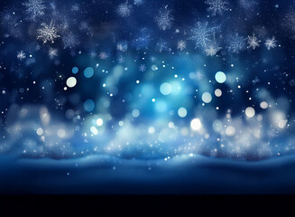 Poster - A mesmerizing winter scene:  falling snowflakes, shimmering bokeh lights, and a snowy landscape create a magical, cool-toned ambiance.
