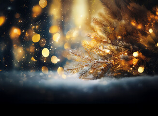 Poster - A snow-covered pine branch adorned with warm, golden lights rests on a bed of snow.  Sparkling bokeh lights create a magical, winter wonderland scene.