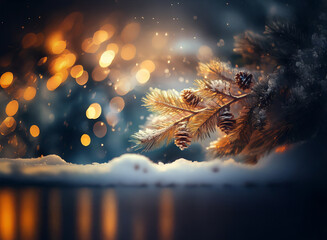 Poster - A snow-covered pine branch with pine cones rests on a snowy surface, illuminated by warm, blurry lights in the background, creating a magical winter scene.  Falling snow adds to the ambiance.