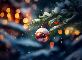 Poster - A snow-dusted Christmas ornament hangs from a pine branch, illuminated by warm bokeh lights.  Falling snow adds to the winter wonderland scene.