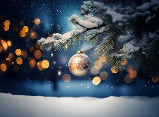 Poster - A golden Christmas ornament hangs from a snow-covered pine branch at night.  Warm bokeh lights illuminate the winter scene.