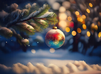 Poster - A snow-dusted pine branch holds a vibrant red, blue, and gold Christmas ornament.  Soft, warm bokeh lights illuminate the winter scene.