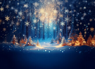 Poster - Enchanted winter forest scene.  Snowflakes fall, illuminating snow-covered trees with warm lights. Magical, serene atmosphere.