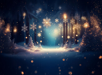 Poster - Enchanted winter forest scene. Glowing trees, magical snowflakes, and a soft, ethereal light illuminate a snowy path.  Perfect for a festive backdrop.