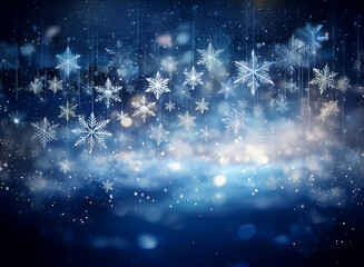 Poster - Elegant blue winter scene with shimmering snowflakes suspended against a bokeh backdrop.  A magical, festive atmosphere.
