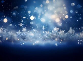 Poster - Magical winter scene: sparkling snowflakes fall on a snowy landscape, illuminated by soft, glowing lights.  A serene and enchanting winter wonderland.