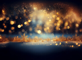 Aufkleber - Magical winter scene with gold snowflakes on a snowy surface, illuminated by warm, golden bokeh lights against a dark blue background.  Sparkling and festive.