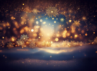 Poster - Magical winter scene with glittering snowflakes, warm golden lights, and a snowy landscape.  A celestial, festive atmosphere.
