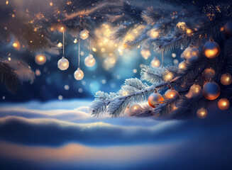 Poster - Enchanted winter scene: snow-covered branches adorned with glowing ornaments and fairy lights, creating a magical, festive atmosphere.  A tranquil winter wonderland.