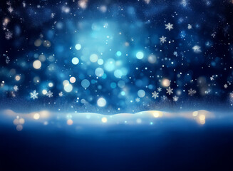 Poster - A magical winter scene:  Falling snowflakes, shimmering bokeh lights, and a snowy landscape create a dreamy, cold, and serene atmosphere.
