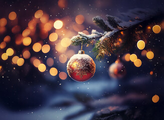 Poster - A snow-dusted Christmas ornament hangs from a pine branch, illuminated by warm bokeh lights.  Falling snow adds to the magical winter scene.