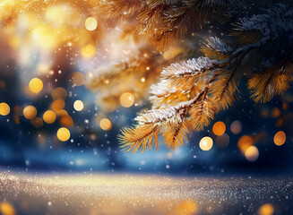 Poster - A snow-dusted pine branch hangs over a glistening, snowy landscape at twilight.  Warm, golden bokeh lights create a magical, winter scene.