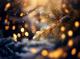 Aufkleber - Snow-dusted pine branch glows in warm light amidst falling snow and bokeh. Festive winter scene.