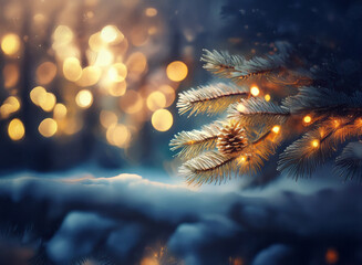 Poster - Enchanted winter scene: A snow-covered evergreen branch adorned with warm fairy lights glows against a bokeh backdrop of twinkling lights.  Magic and tranquility fill the air.
