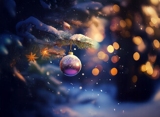 Poster - A snow-dusted evergreen branch holds a purple ornament, sparkling amidst a bokeh of warm lights and falling snowflakes.  Winter magic.
