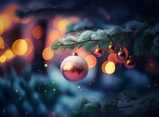 Poster - A glistening, rose-gold ornament hangs from a snow-dusted pine branch, illuminated by warm bokeh lights in a winter wonderland scene.
