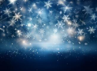 Poster - A mesmerizing winter scene featuring numerous snowflakes falling against a dark blue, glowing background.  The image evokes a feeling of serene winter magic.